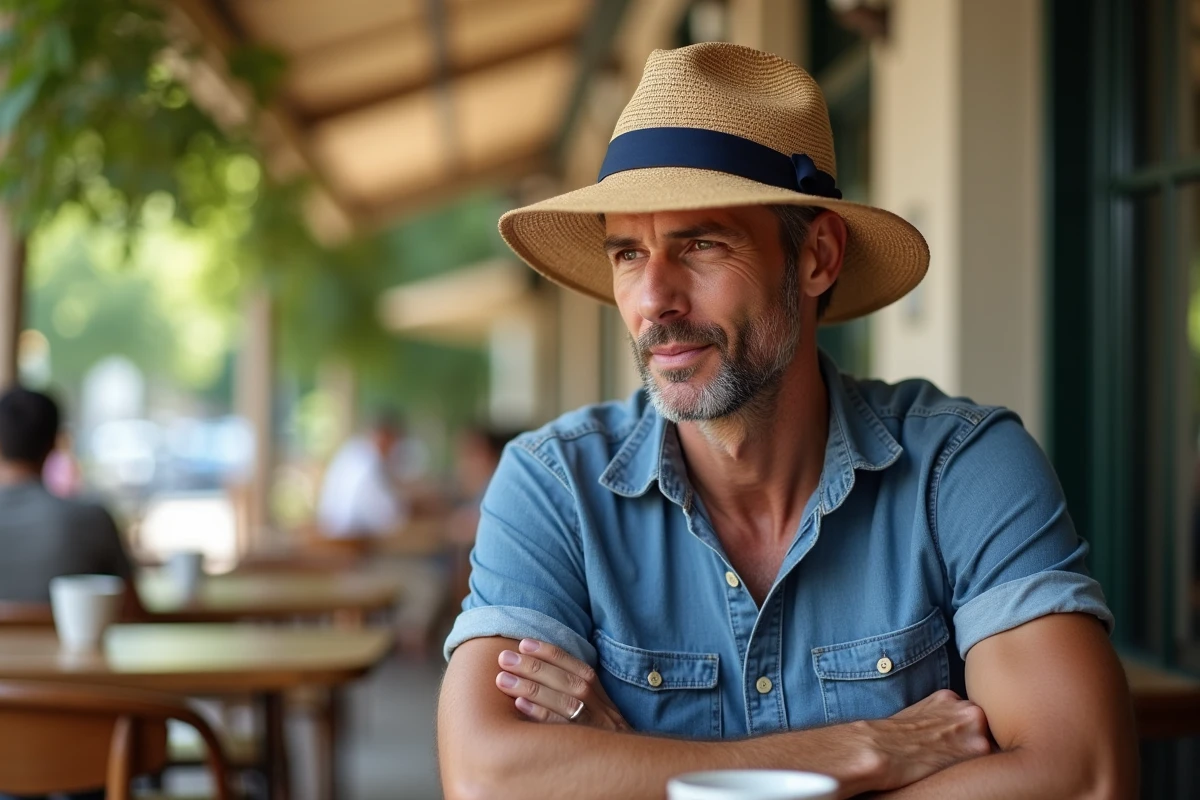 Homme au visage carré assis en terrasse de café portant un chapeau panama à larges bords pour adoucir ses traits angulaires