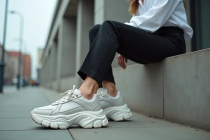 Femme portant des sneakers Balenciaga chunky avec semelles épaisses exagérées, assise sur un banc en béton urbain, contraste stylistique entre chaussures volontairement moches et tenue élégante