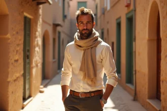 Homme en trentaine portant un chèche beige noué à l'épaule dans une ruelle marocaine ensoleillée