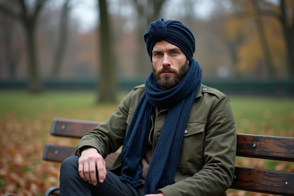 Homme barbu avec un chèche bleu marine noué en turban dans un parc urbain en automne
