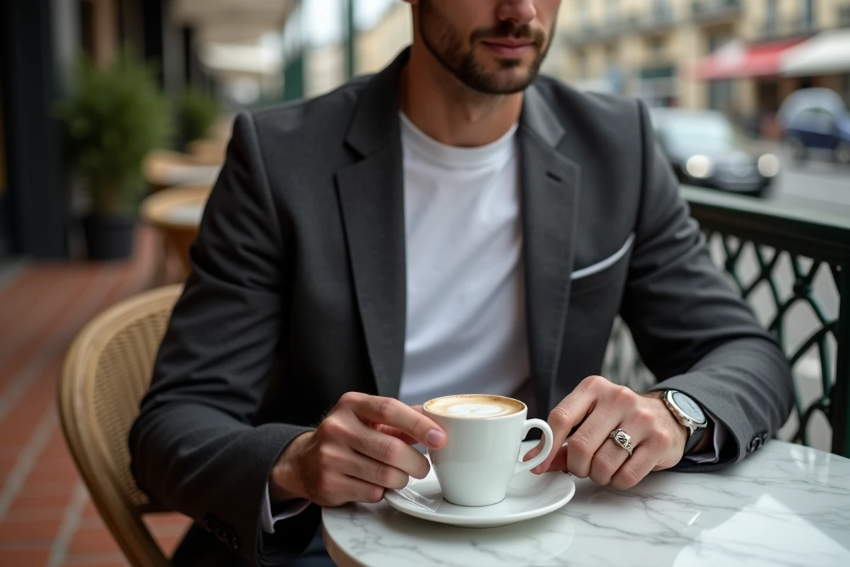 Homme en blazer gris portant une chevalière en argent massif à la terrasse d'un café, accessoire discret et masculin