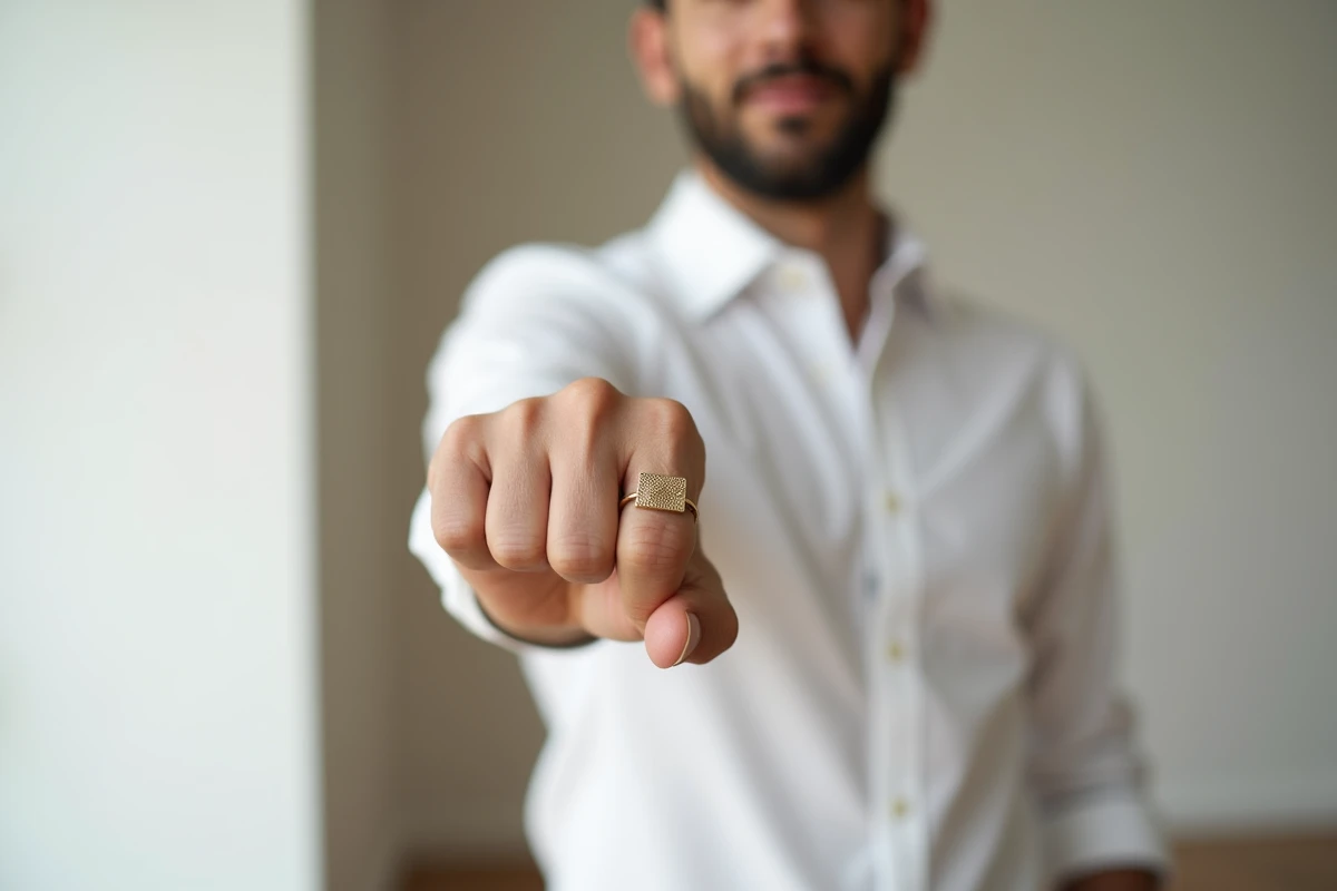 Homme en chemise blanche portant une chevalière dorée minimaliste avec gravure géométrique dans un appartement moderne