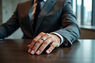Homme en costume gris portant une chevalière en or blanc à l'auriculaire droit, posée sur un bureau en noyer dans un bureau moderne