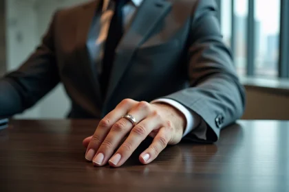 Homme en costume gris portant une chevalière en or blanc à l'auriculaire droit, posée sur un bureau en noyer dans un bureau moderne