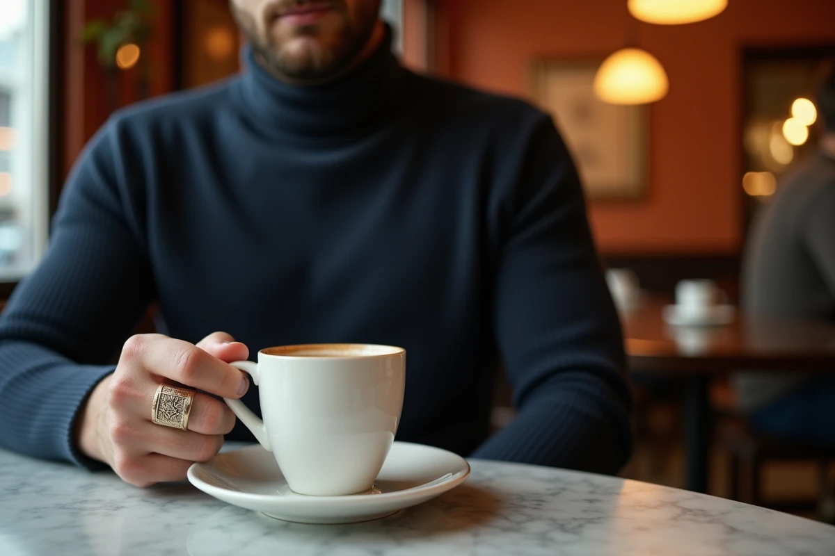 Homme à la carrure imposante portant une chevalière large en or blanc sur l'index dans un café parisien raffiné