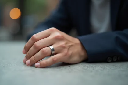 Chevalière personnalisée minimaliste en argent portée au petit doigt d'un homme sur une table en béton moderne