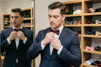Homme élégant en costume marine ajustant un noeud papillon bordeaux à pois dans une boutique de mode masculine