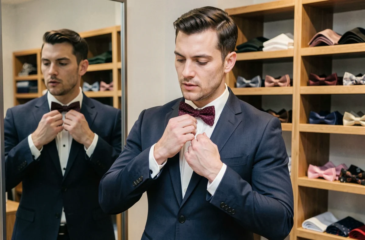 Homme élégant en costume marine ajustant un noeud papillon bordeaux à pois dans une boutique de mode masculine