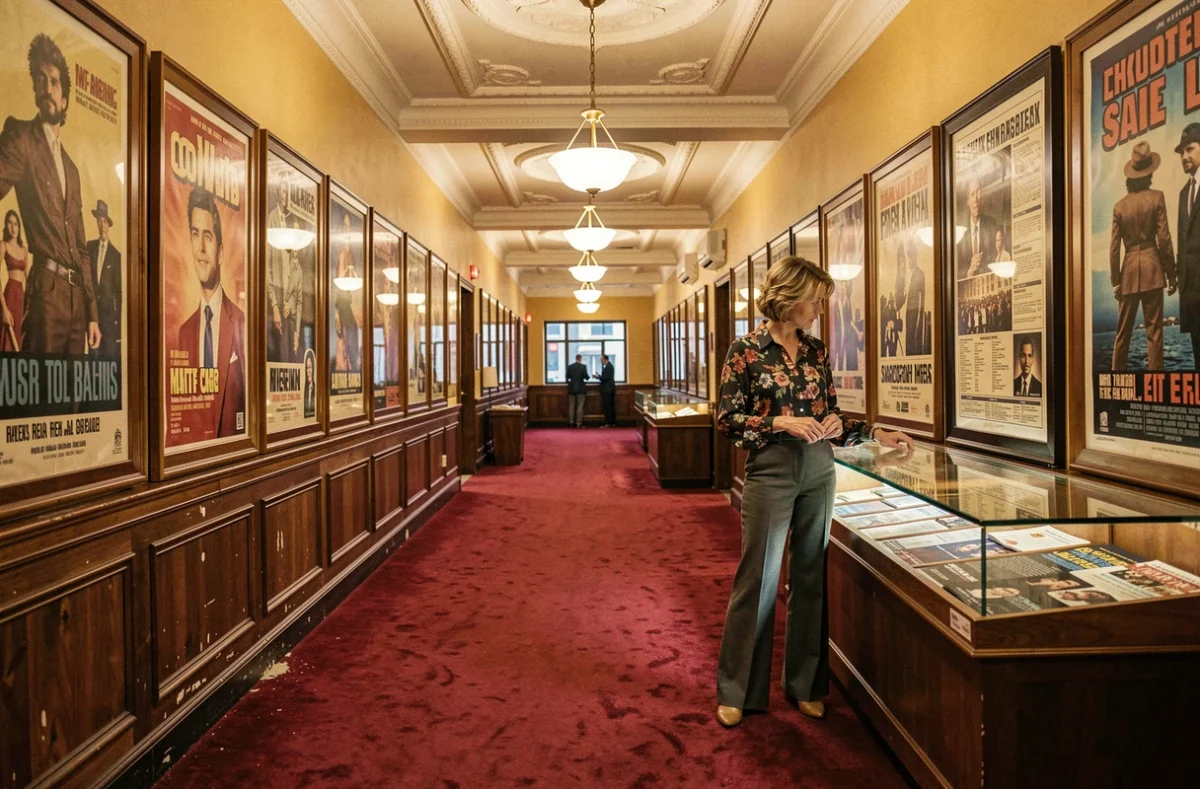 Lobby de cinéma rétro des années 70 avec affiches de films vintage et femme en tenue d'époque