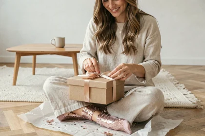 Femme assise sur un parquet en bois ouvrant un coffret cadeau contenant des chaussettes à paillettes dorées et argentées