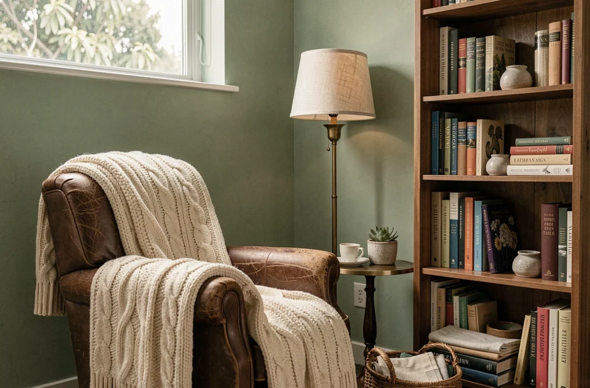 Coin lecture cosy avec fauteuil en cuir, plaid en grosse maille ivoire, bibliothèque et lampadaire en laiton dans un intérieur aux murs vert sauge