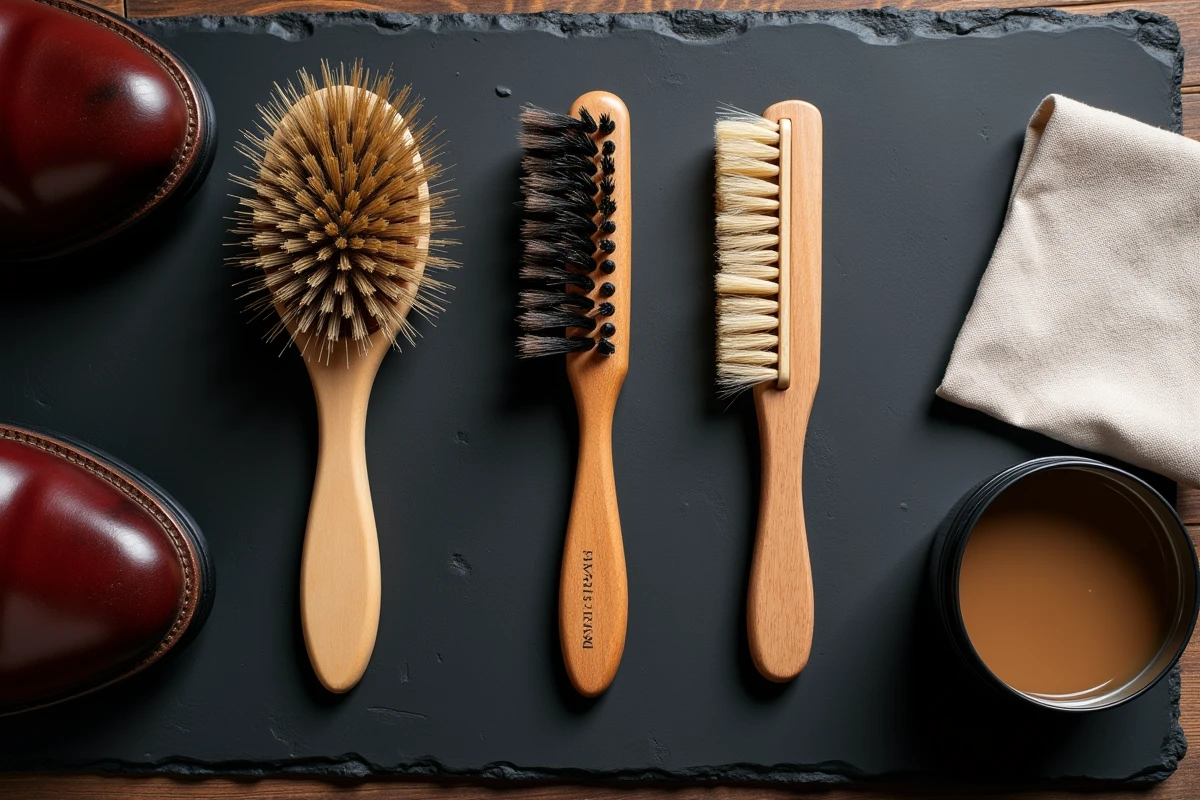 Collection de brosses à chaussures artisanales en crin naturel disposées avec du cirage et un chiffon de polissage sur une surface en ardoise sombre
