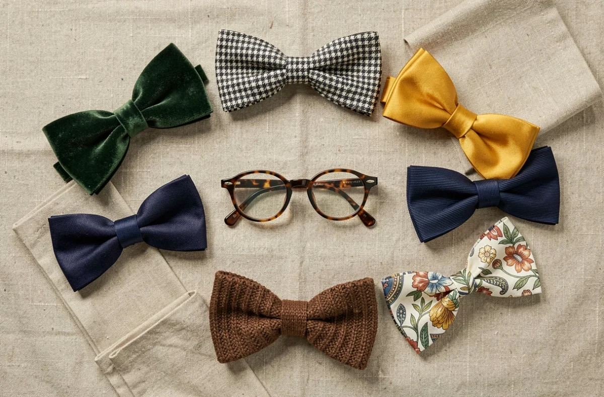 Flat lay de six noeuds papillons originaux en différentes matières et motifs sur fond de lin naturel
