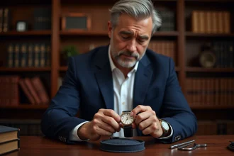 Collectionneur de montres Richemont examinant une montre mécanique de luxe dans un bureau élégant
