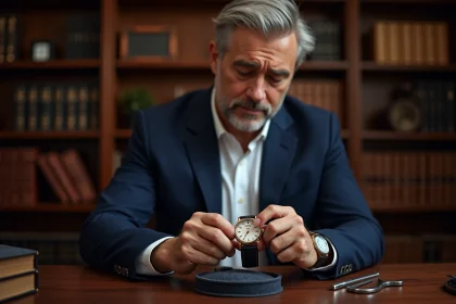 Collectionneur de montres Richemont examinant une montre mécanique de luxe dans un bureau élégant