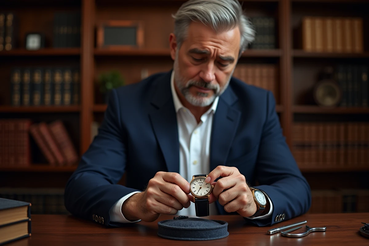 Collectionneur de montres Richemont examinant une montre mécanique de luxe dans un bureau élégant