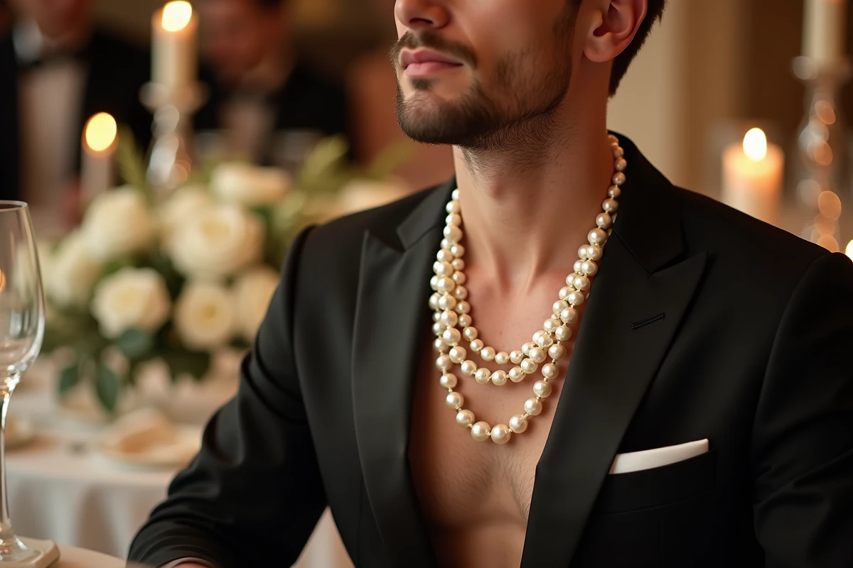 Homme en smoking noir avec un collier de perles baroques assis à une table de réception de mariage élégante