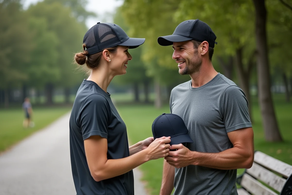 Deux coureurs comparant une casquette et un bob de running après l'effort dans un parc urbain