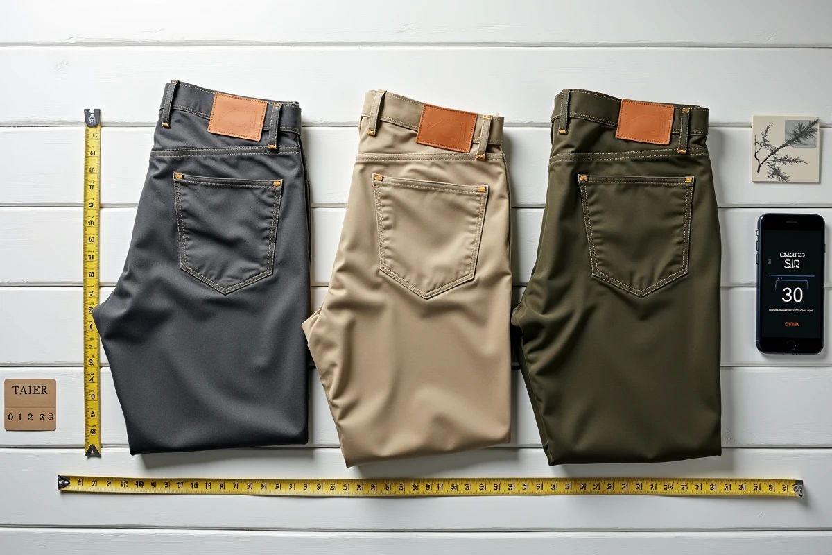 Comparaison de trois pantalons taille 30 en flat lay avec mètre de couturière et guide des tailles
