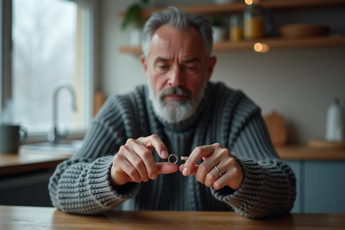 Homme comparant deux bagues de tailles différentes en hiver pour adapter le tour de doigt aux variations saisonnières