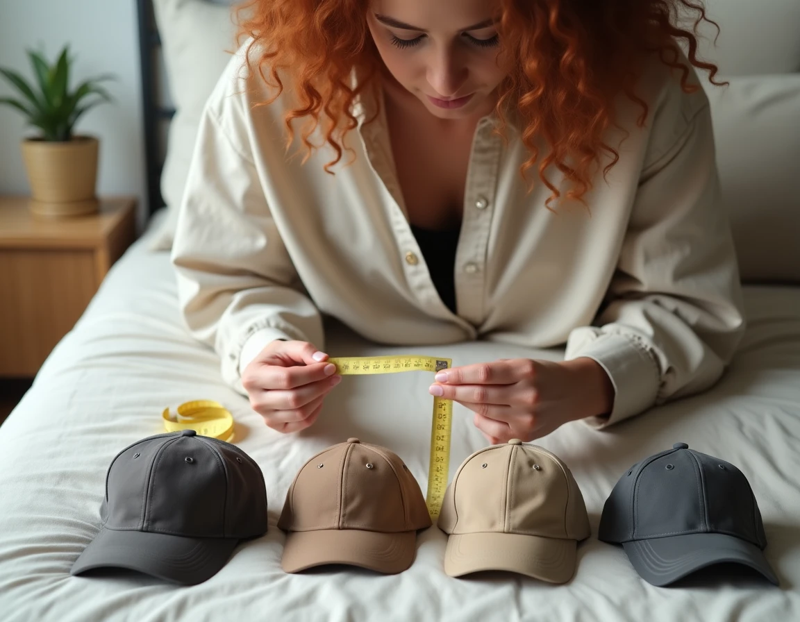 Femme comparant différents modèles de casquettes avec un mètre ruban pour choisir la bonne taille