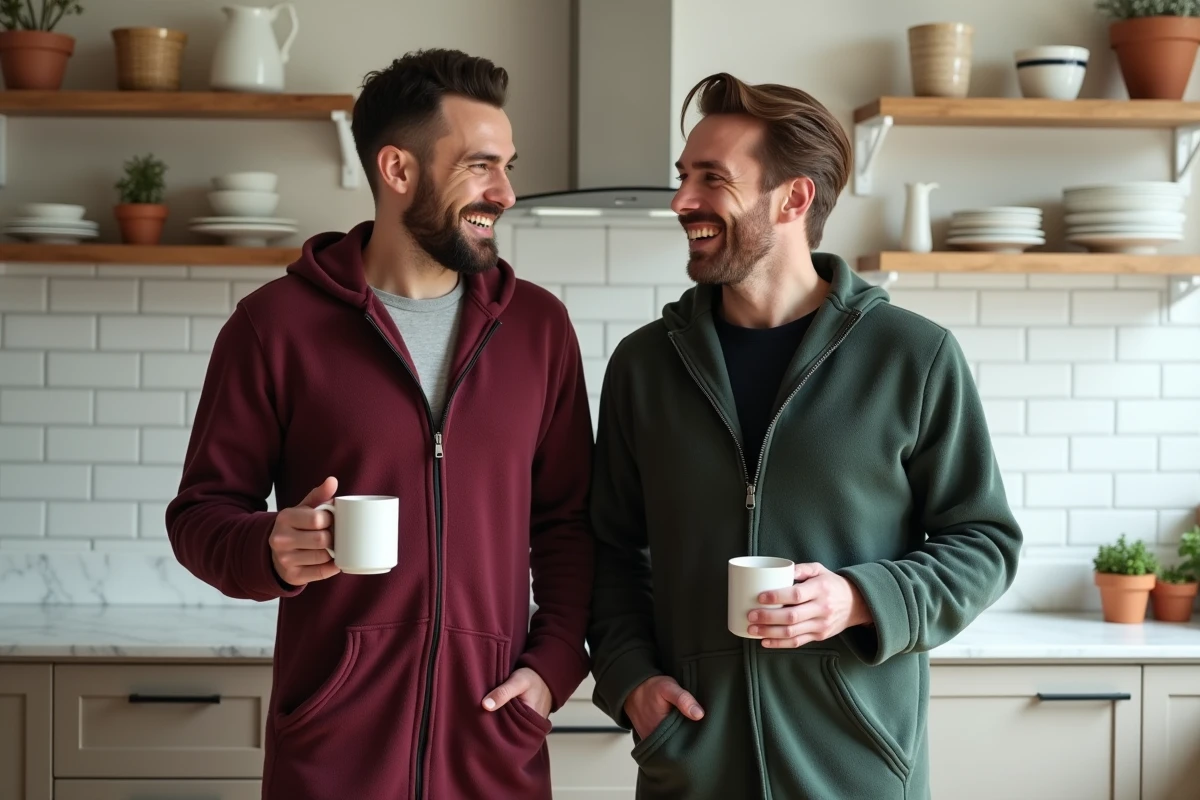 Deux hommes en pyjama grenouillère comparant un modèle zippé devant et un modèle zippé derrière dans une cuisine moderne, tenant des tasses de café