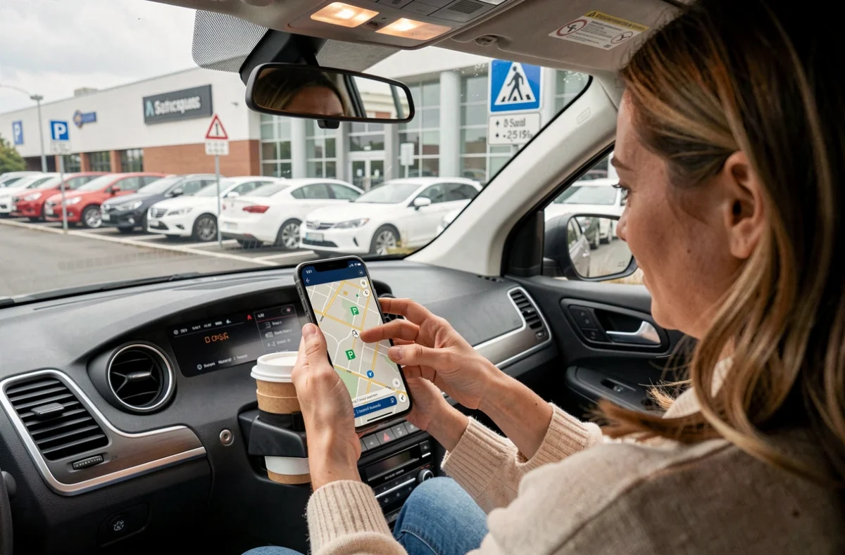 Conductrice cherchant une place de parking sur son smartphone dans la zone commerciale McArthur de Miramas pendant un grand week-end