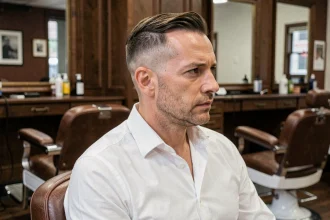 Homme dans la quarantaine avec une coupe couronne bien taillée assis dans un fauteuil de barbier moderne
