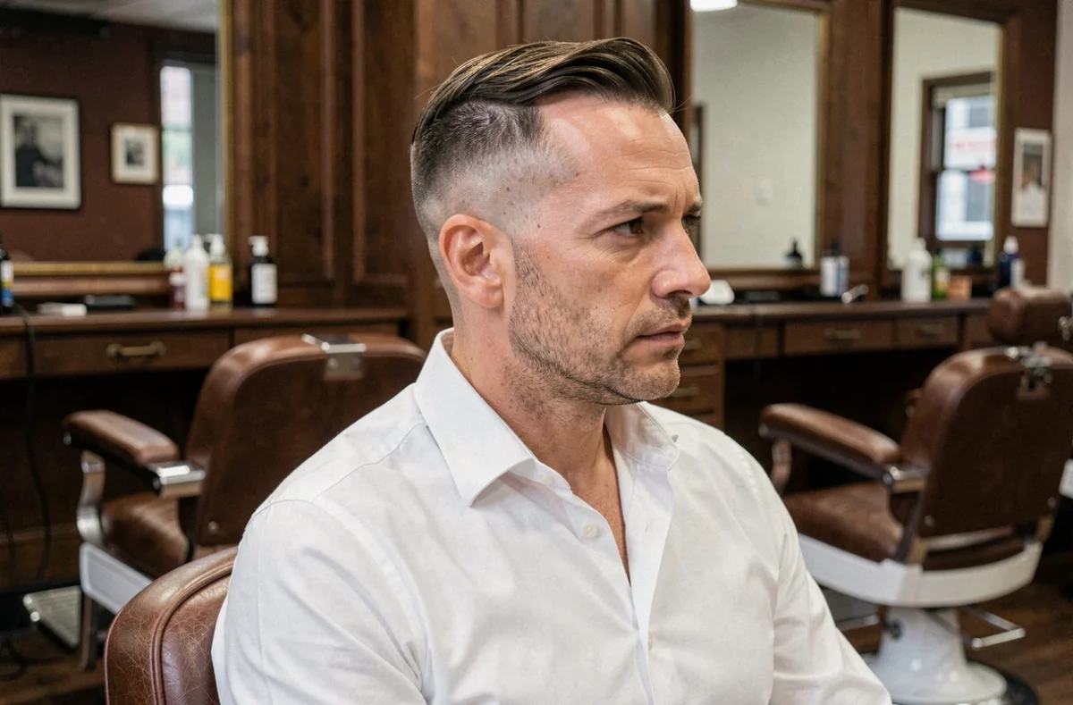 Homme dans la quarantaine avec une coupe couronne bien taillée assis dans un fauteuil de barbier moderne