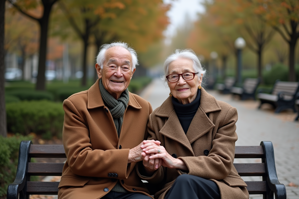 Couple âgé souriant avec bagues de mariage dans un parc urbain