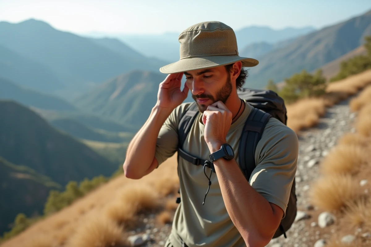 Coureur de trail ajustant son bob de running à larges bords sur un sentier rocheux avec vue sur une vallée