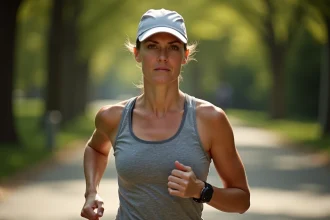 Coureuse portant une casquette de running technique lors d'un jogging en parc, vue en contre-plongée à mi-foulée