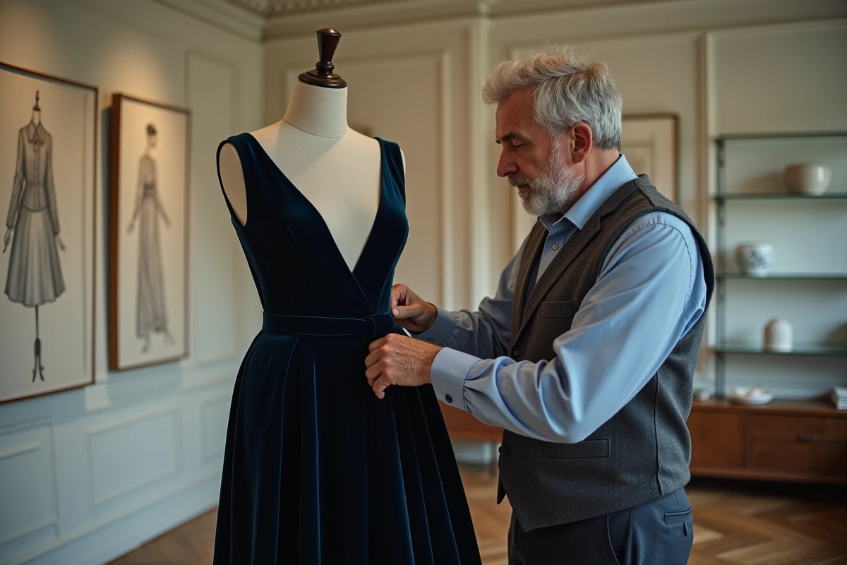 Couturier expérimenté ajustant une robe de soirée en velours bleu marine sur un mannequin dans un atelier de haute couture à Reims