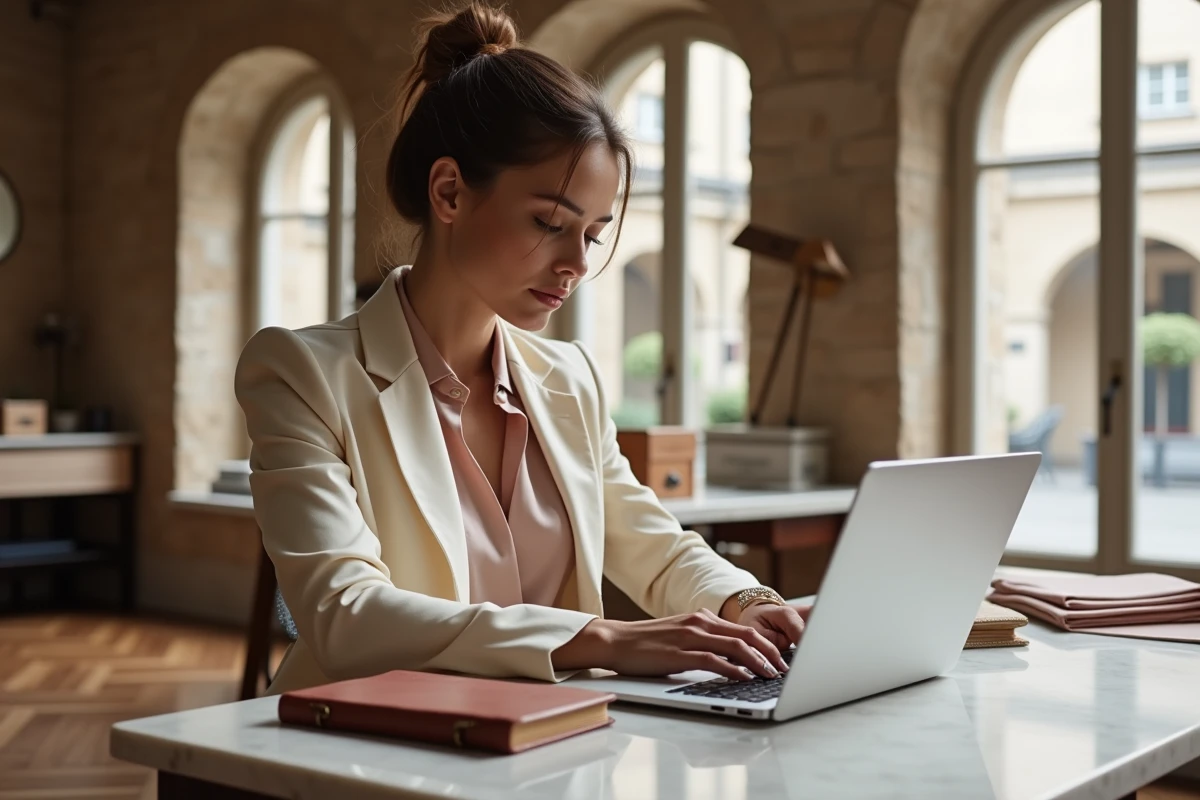Créatrice de mode explorant une plateforme de luxe numérique dans un atelier parisien élégant avec des échantillons de tissu et un bureau en marbre