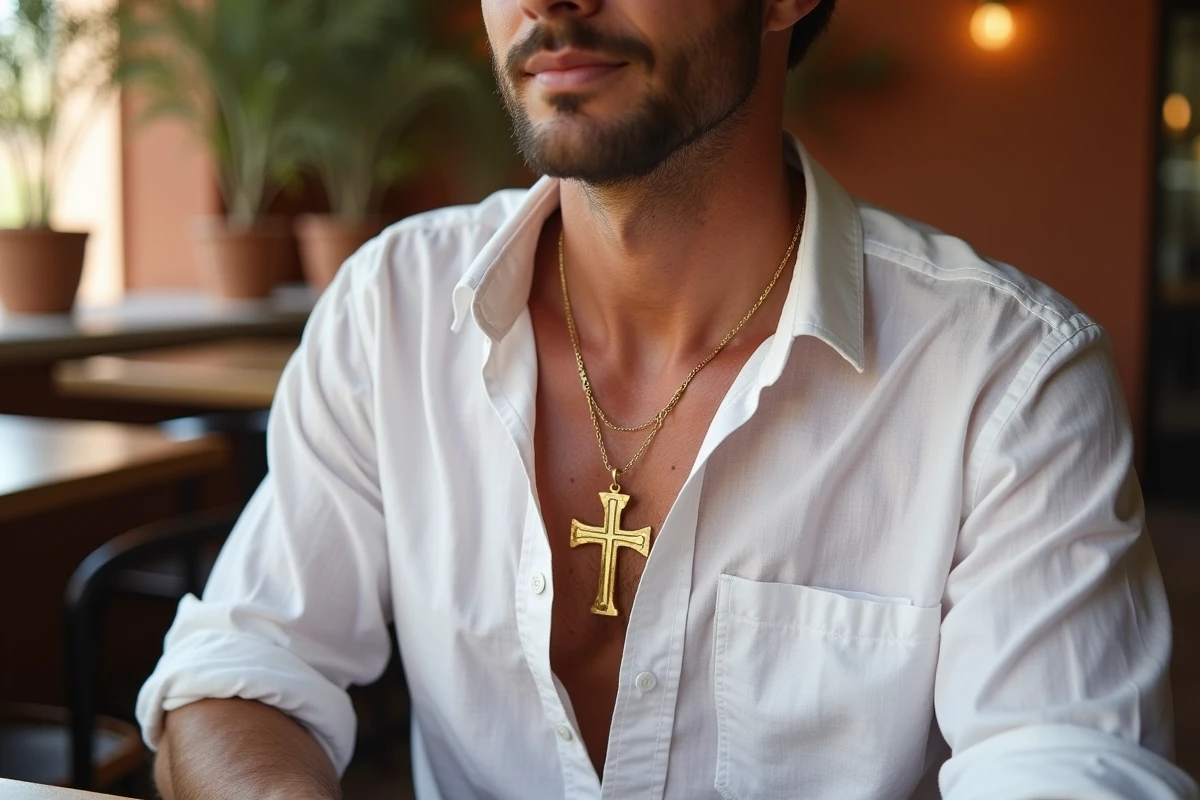 Homme mature portant une croix dorée en vermeil sur chemise en lin blanche dans un café méditerranéen