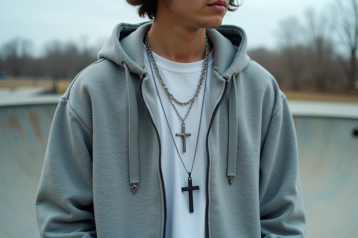Jeune homme en streetwear superposant deux croix bijoux argent et noir près d'un skatepark en béton