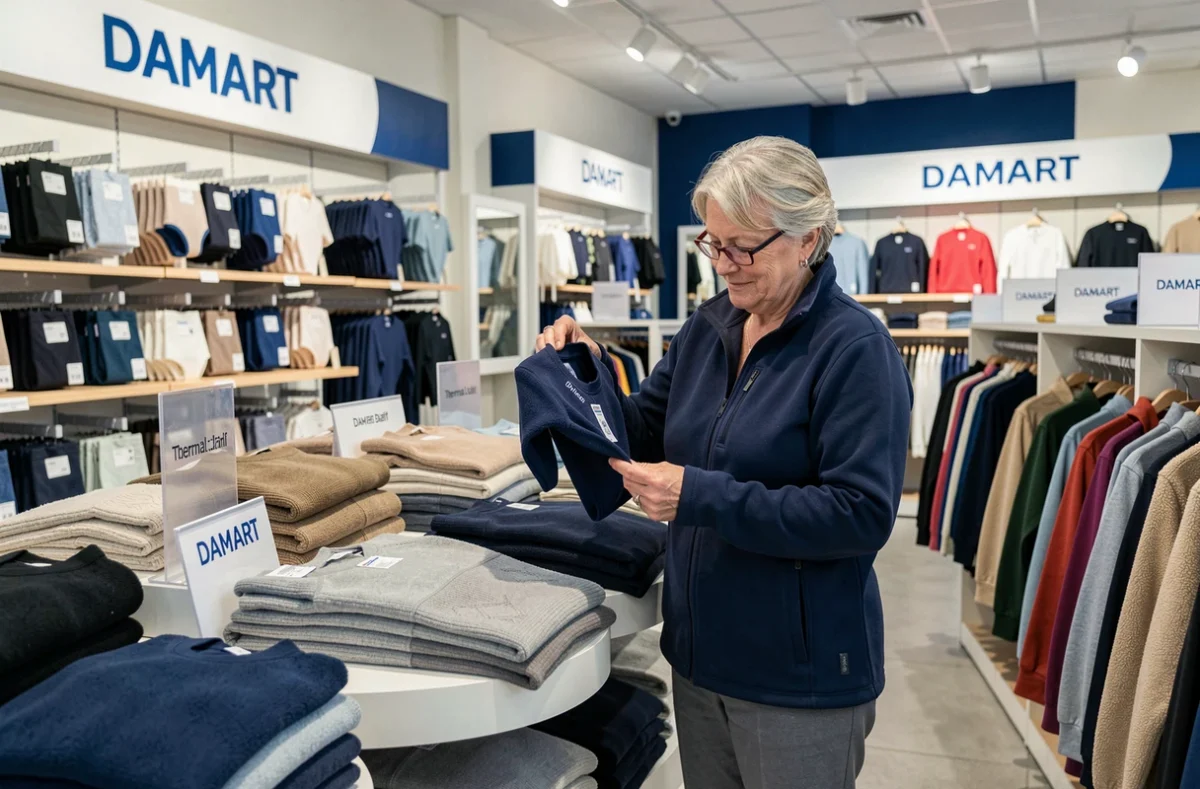 Femme d'une soixantaine d'années consultant une étiquette de vêtement thermique dans un magasin Damart au décor bleu et blanc