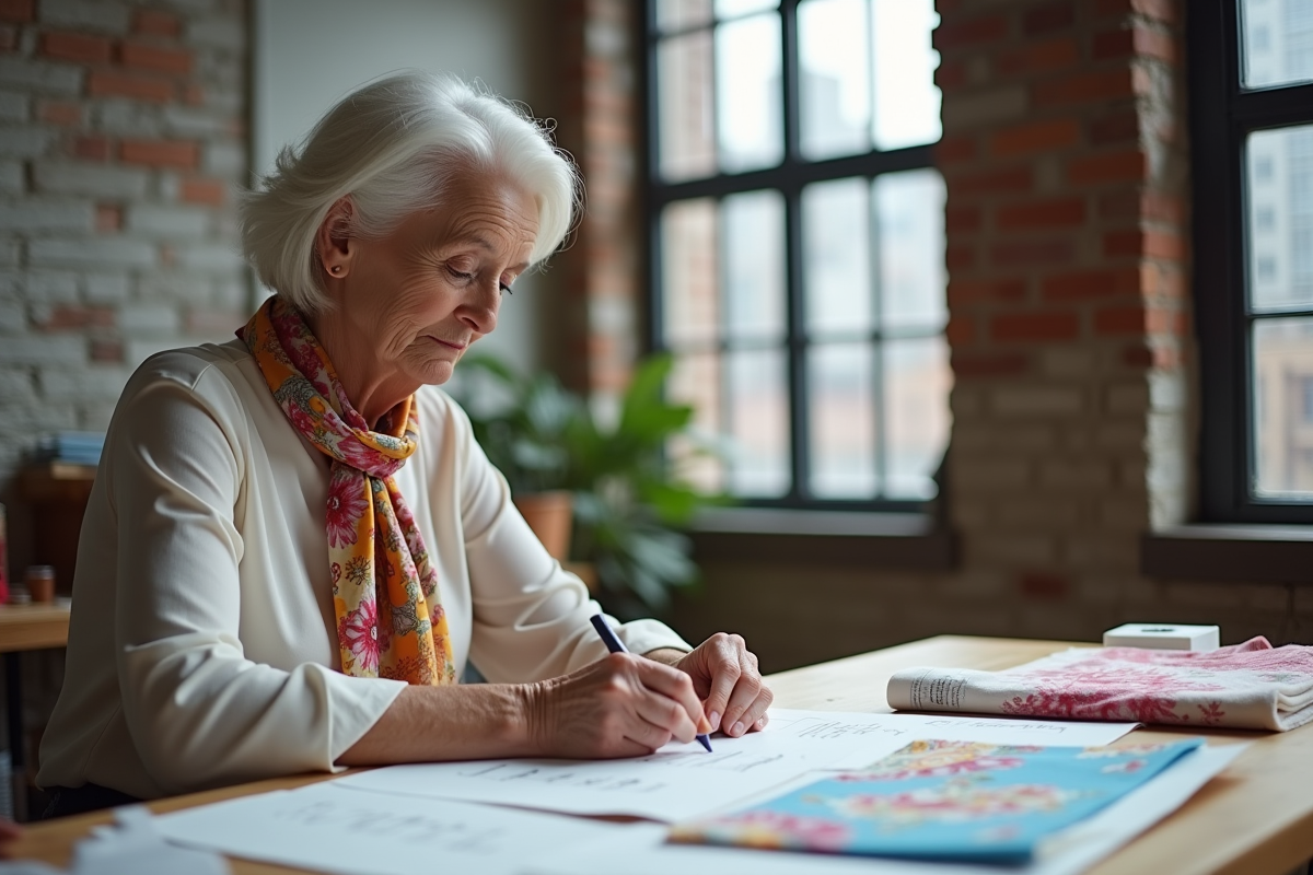 Designer femme créant dans un atelier avec tissus colorés