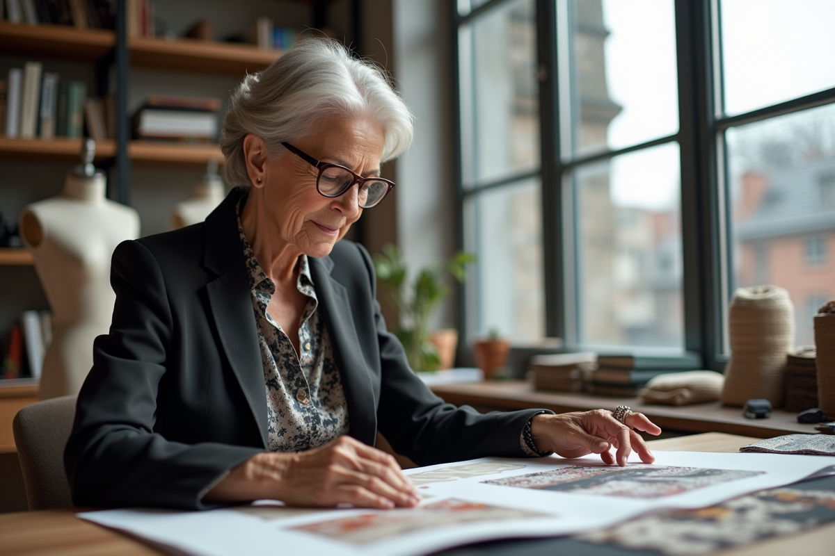 Designer de mode dans son studio avec échantillons textiles