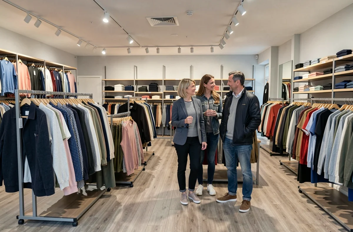 Couple faisant du shopping dans le grand magasin multimarque Devianne à Saint-Grégoire, rayons homme et femme