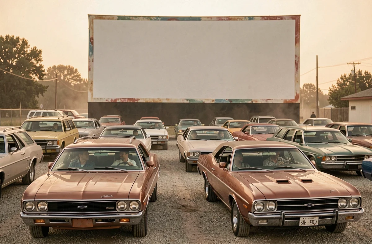 Drive-in américain des années 70 avec voitures vintage garées devant un écran de cinéma en plein air