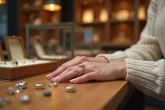 Femme essayant une bague en or sur son doigt chez un bijoutier pour vérifier la bonne taille selon la saison