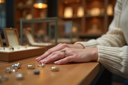 Femme essayant une bague en or sur son doigt chez un bijoutier pour vérifier la bonne taille selon la saison