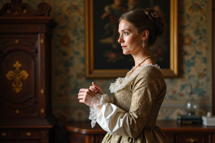 Femme du XVIIIe si&egrave;cle ajustant ses manches en int&eacute;rieur