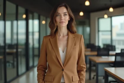 Femme active portant un blazer GRAIN d3 Malice camel dans un bureau moderne, alliant style chic et confort au quotidien