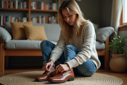 Femme appliquant spray sur des loafers en cuir marron