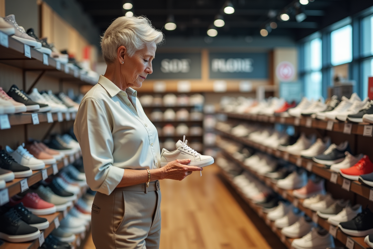 Femme âgée choisissant une chaussure en magasin