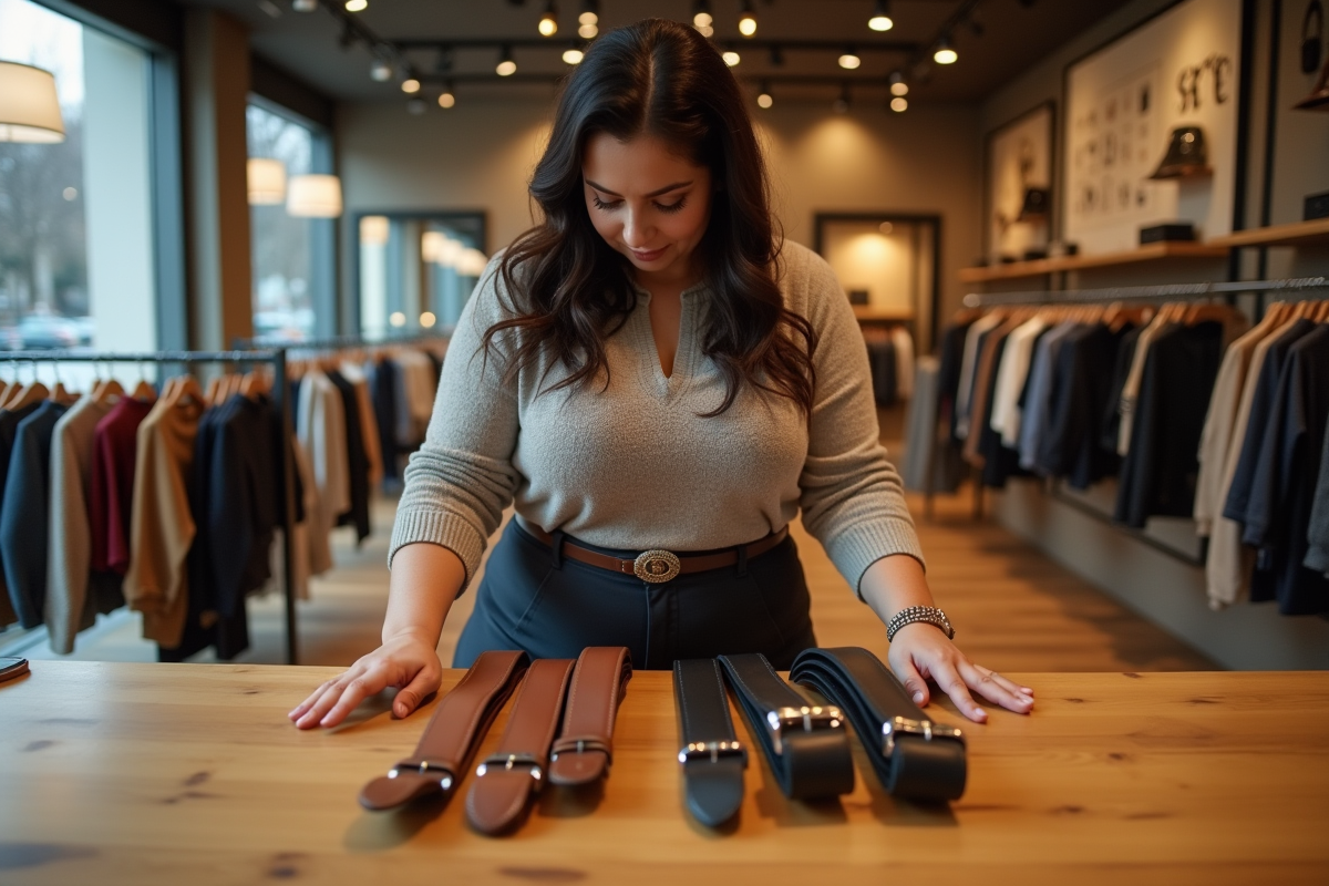 Femme comparant des ceintures dans une boutique