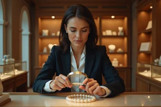 Femme d'âge moyen examinant des perles dans une boutique élégante