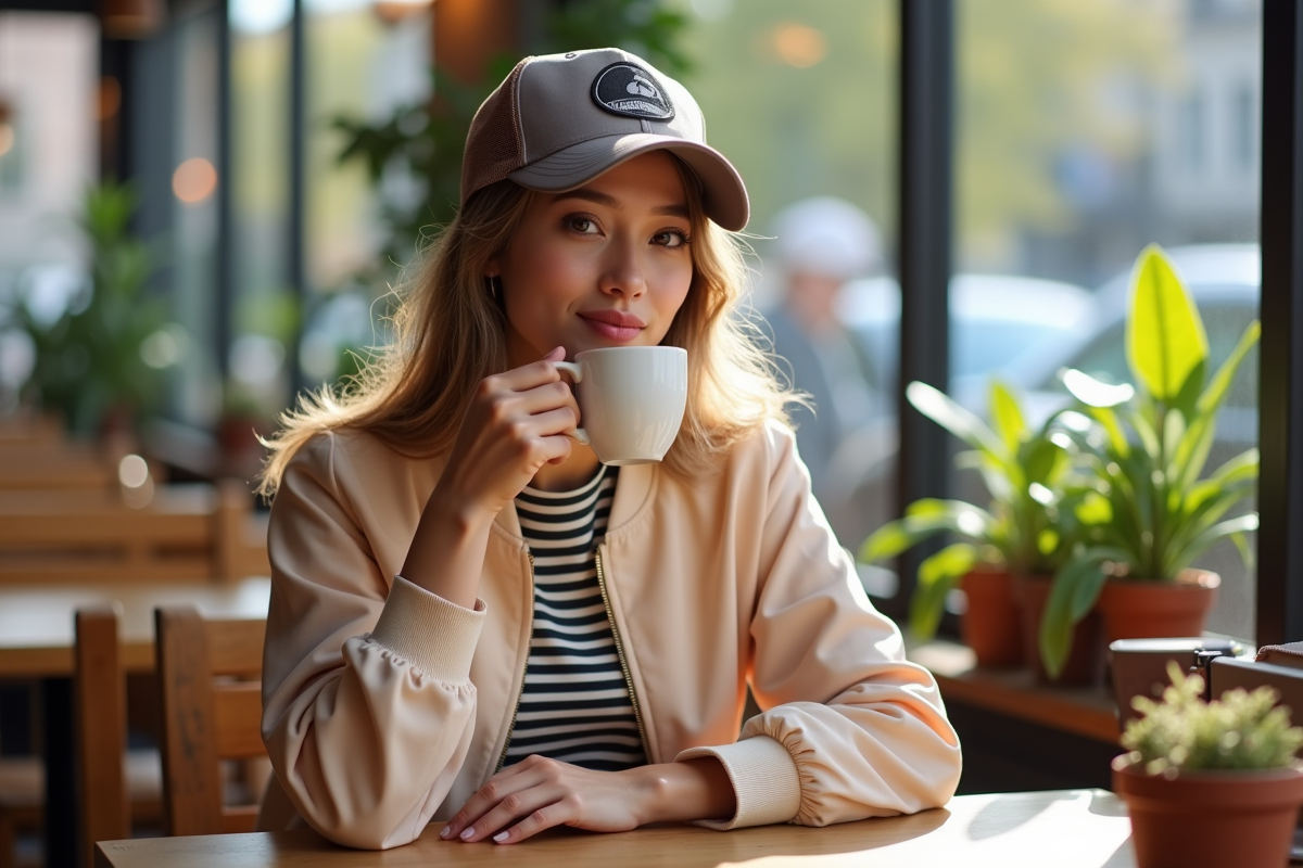 Femme assise au café portant bomber pastel et casquette